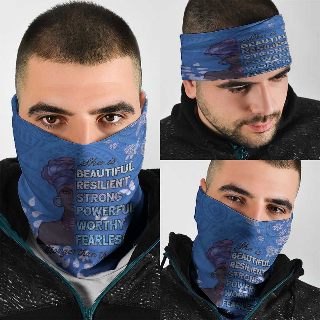 African Women Neck Gaiter Black Beautiful Brave and Bressed - Blue Color - Wonder Print Shop