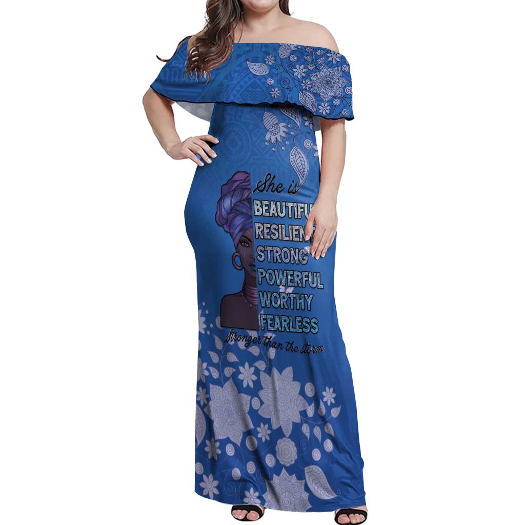 African Women Off Shoulder Maxi Dress Black Beautiful Brave and Bressed - Blue Color - Wonder Print Shop