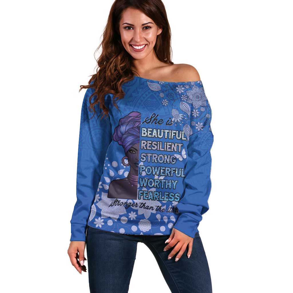 African Women Off Shoulder Sweater Black Beautiful Brave and Bressed - Blue Color - Wonder Print Shop