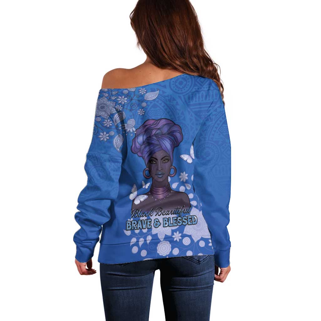 African Women Off Shoulder Sweater Black Beautiful Brave and Bressed - Blue Color - Wonder Print Shop