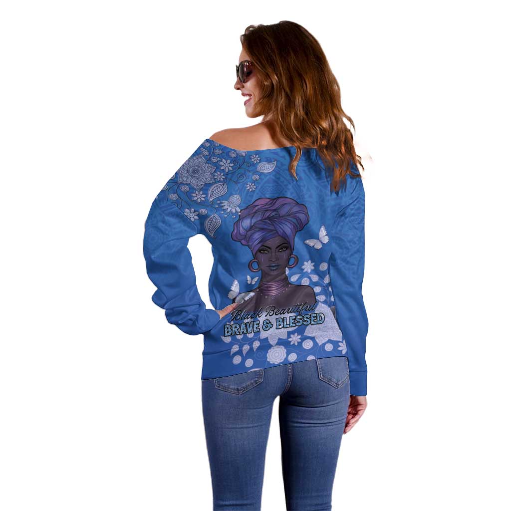 African Women Off Shoulder Sweater Black Beautiful Brave and Bressed - Blue Color - Wonder Print Shop