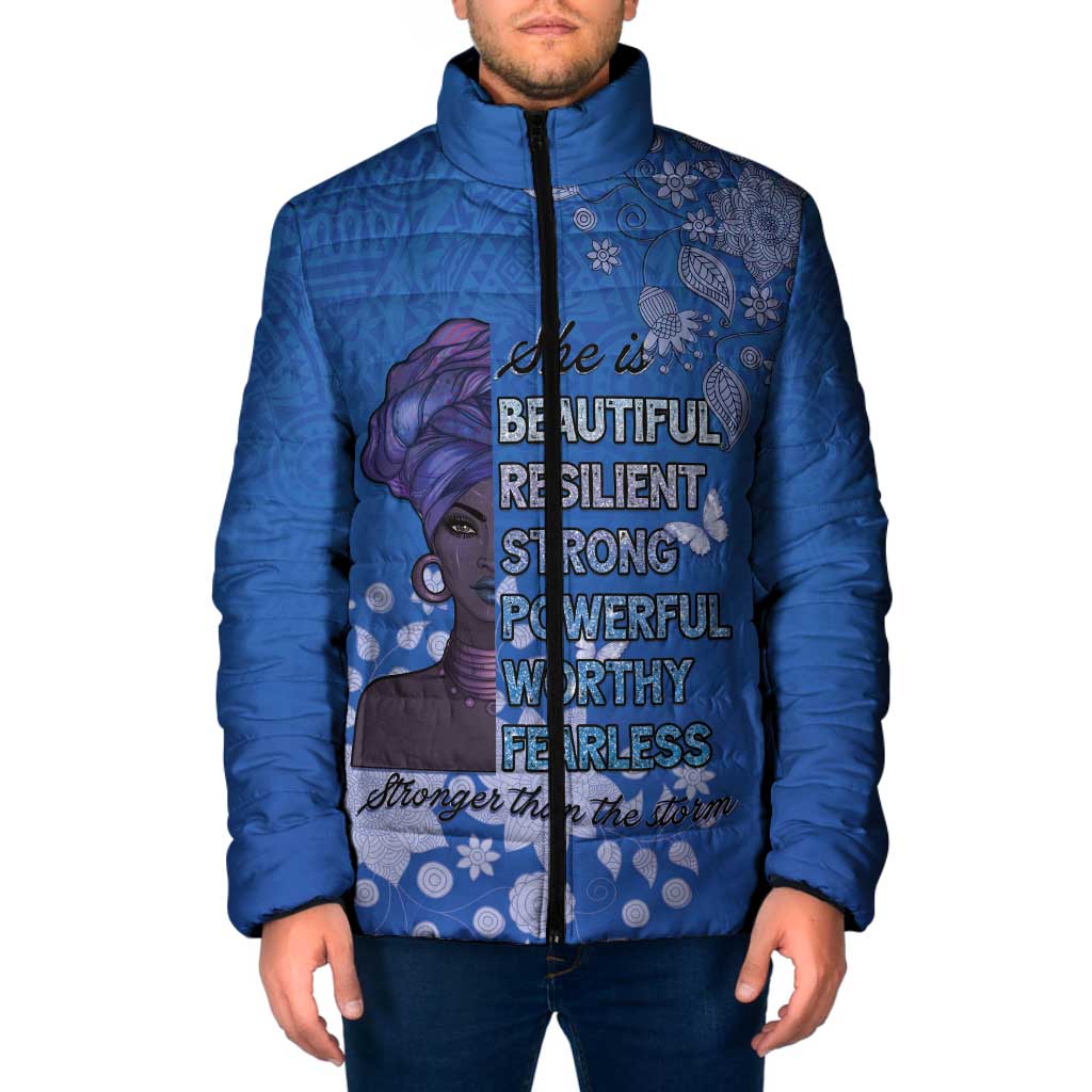 African Women Padded Jacket Black Beautiful Brave and Bressed - Blue Color - Wonder Print Shop