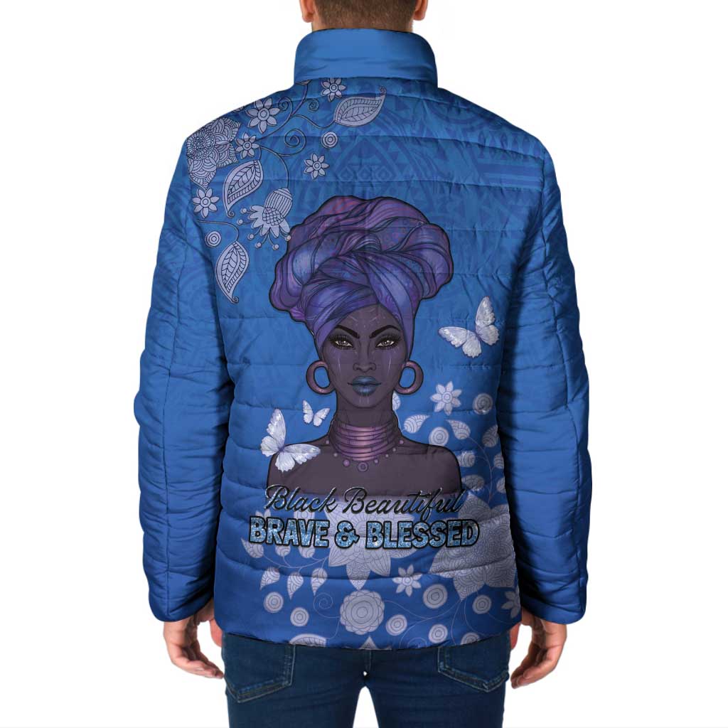 African Women Padded Jacket Black Beautiful Brave and Bressed - Blue Color - Wonder Print Shop