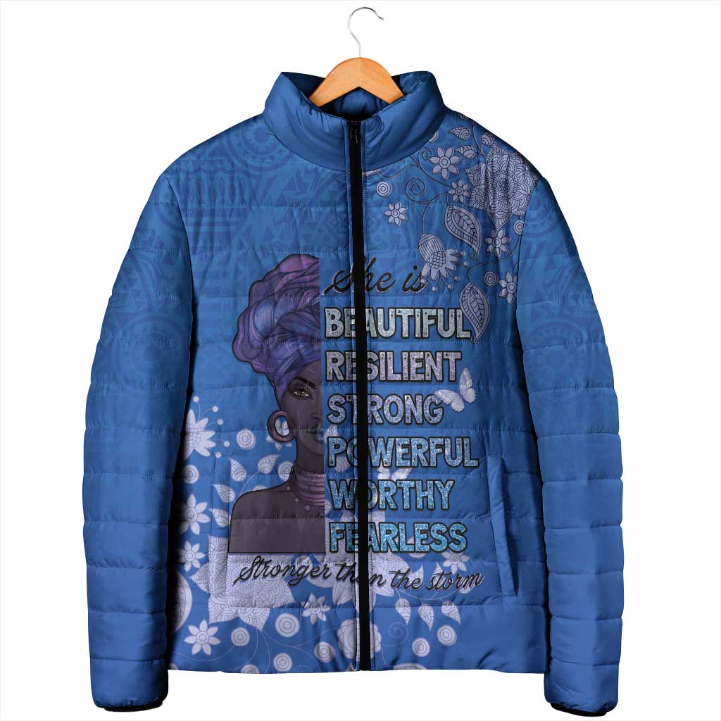 African Women Padded Jacket Black Beautiful Brave and Bressed - Blue Color - Wonder Print Shop