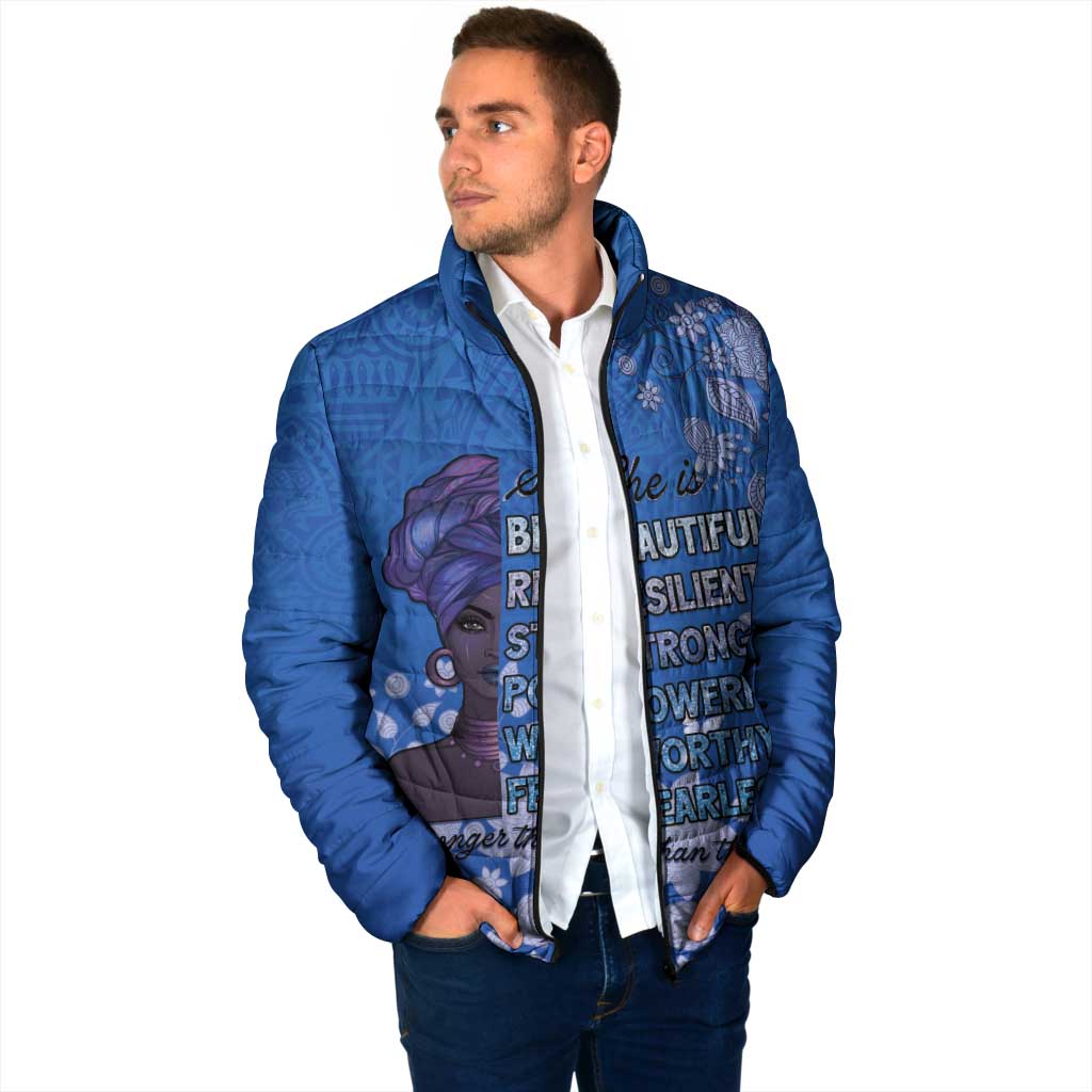African Women Padded Jacket Black Beautiful Brave and Bressed - Blue Color - Wonder Print Shop