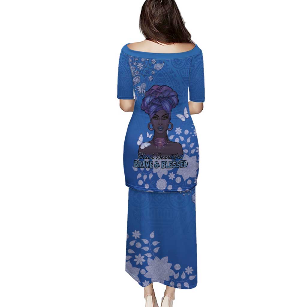 African Women Puletasi Black Beautiful Brave and Bressed - Blue Color - Wonder Print Shop