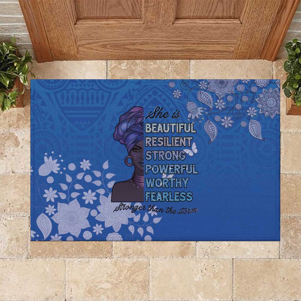 African Women Rubber Doormat Black Beautiful Brave and Bressed - Blue Color - Wonder Print Shop
