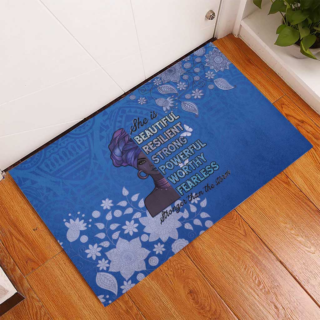 African Women Rubber Doormat Black Beautiful Brave and Bressed - Blue Color - Wonder Print Shop