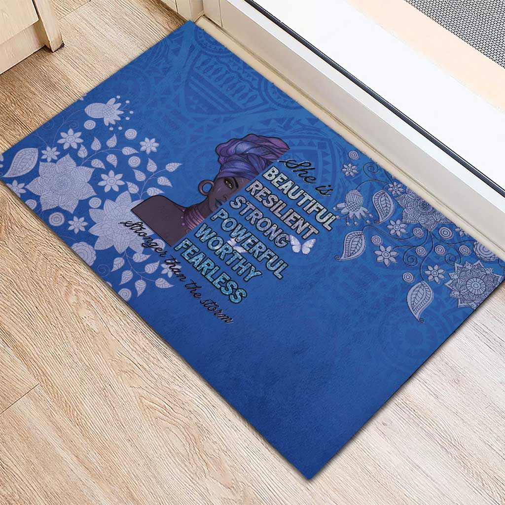 African Women Rubber Doormat Black Beautiful Brave and Bressed - Blue Color - Wonder Print Shop