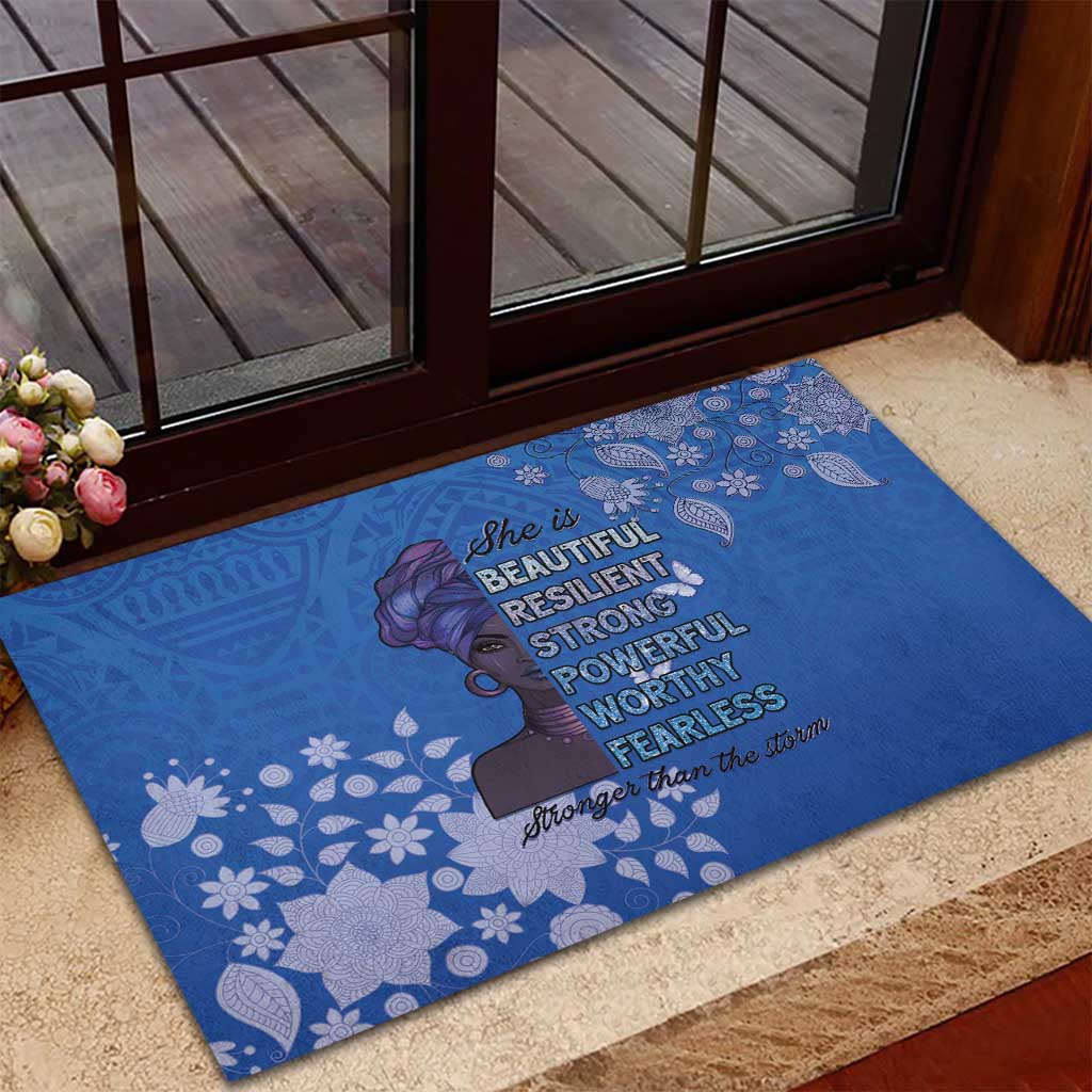 African Women Rubber Doormat Black Beautiful Brave and Bressed - Blue Color - Wonder Print Shop