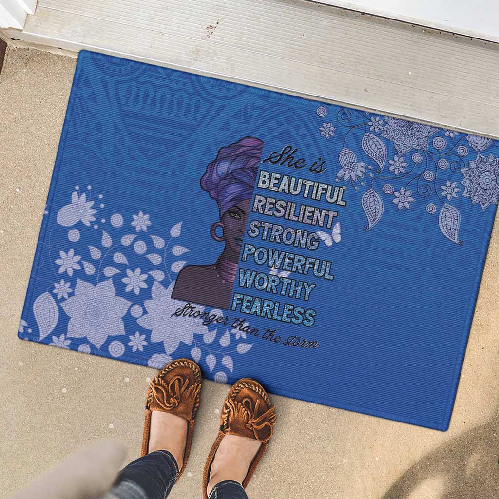 African Women Rubber Doormat Black Beautiful Brave and Bressed - Blue Color - Wonder Print Shop