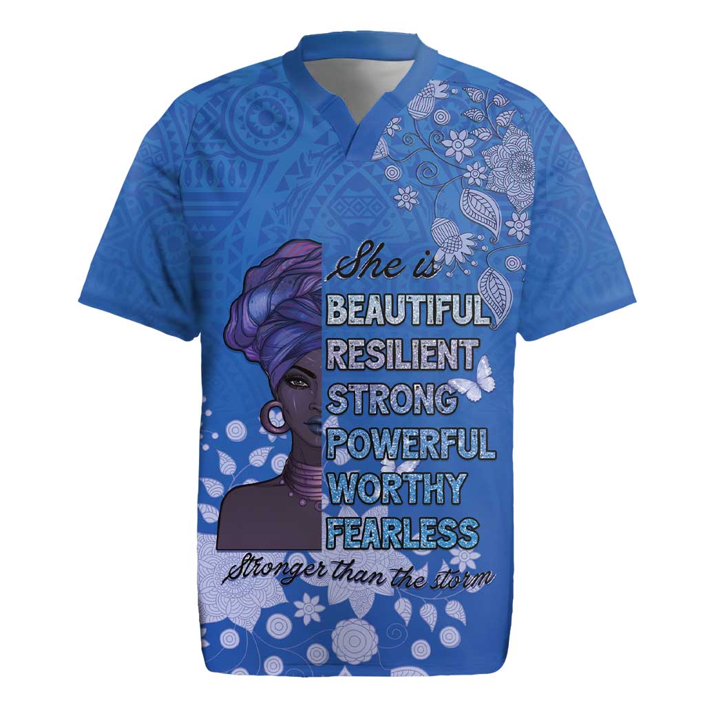 African Women Rugby Jersey Black Beautiful Brave and Bressed - Blue Color - Wonder Print Shop