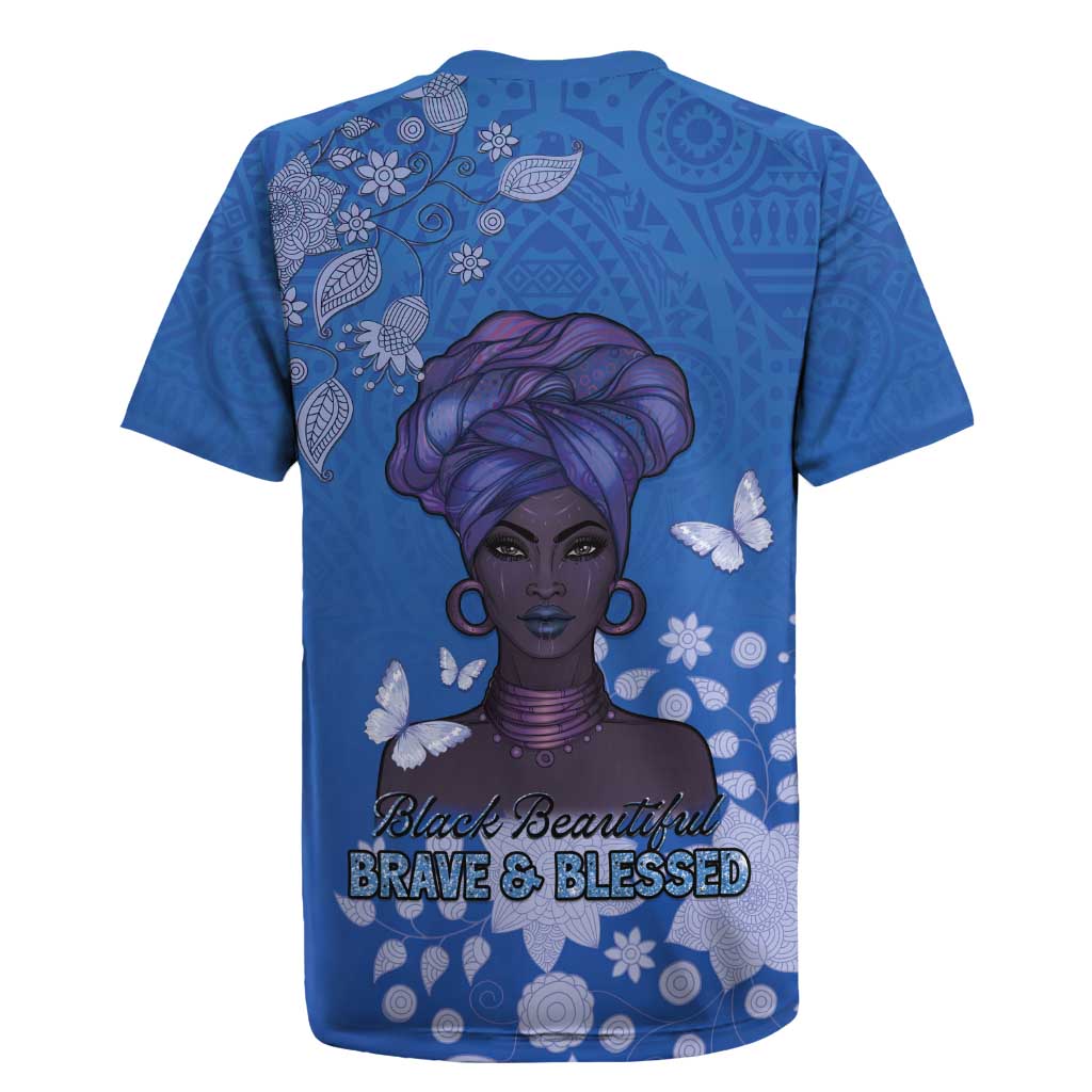 African Women Rugby Jersey Black Beautiful Brave and Bressed - Blue Color - Wonder Print Shop