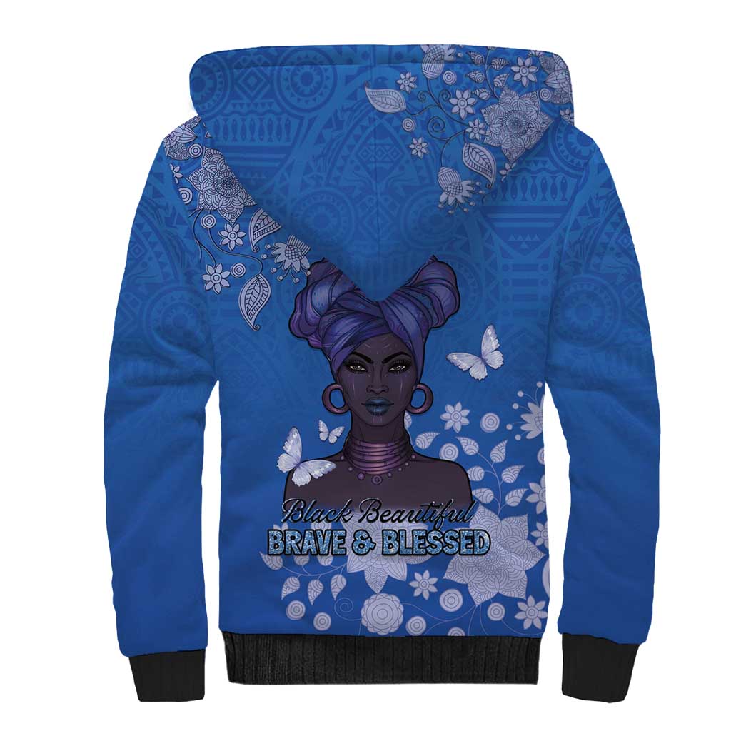 African Women Sherpa Hoodie Black Beautiful Brave and Bressed - Blue Color - Wonder Print Shop