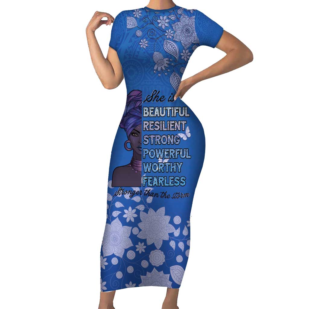 African Women Short Sleeve Bodycon Dress Black Beautiful Brave and Bressed - Blue Color - Wonder Print Shop