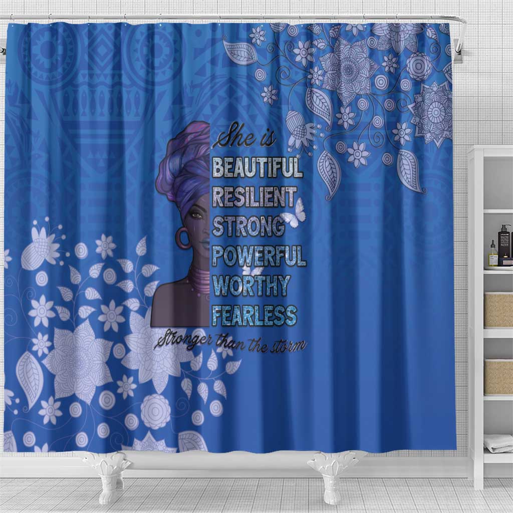 African Women Shower Curtain Black Beautiful Brave and Bressed - Blue Color - Wonder Print Shop