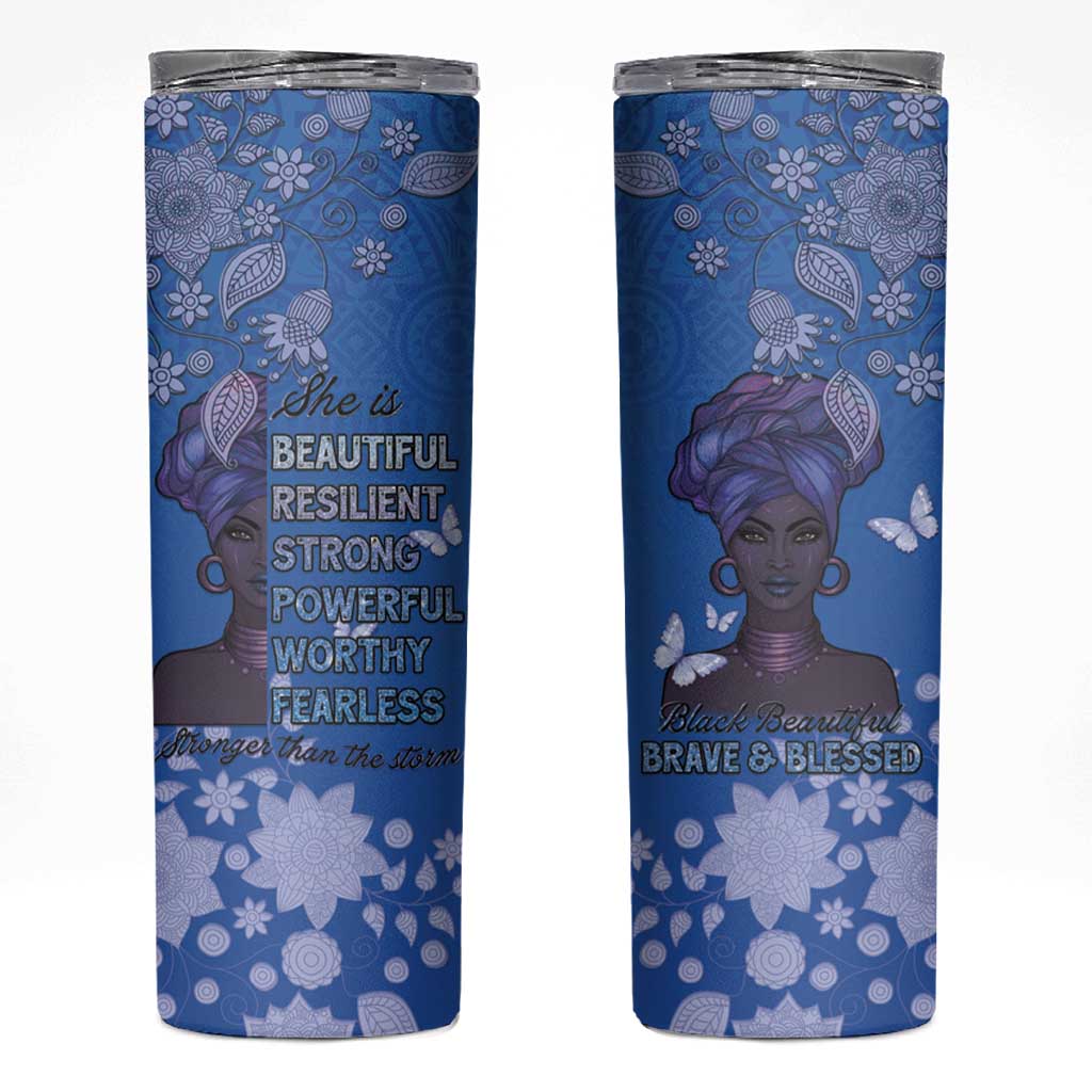 African Women Skinny Tumbler Black Beautiful Brave and Bressed - Blue Color - Wonder Print Shop