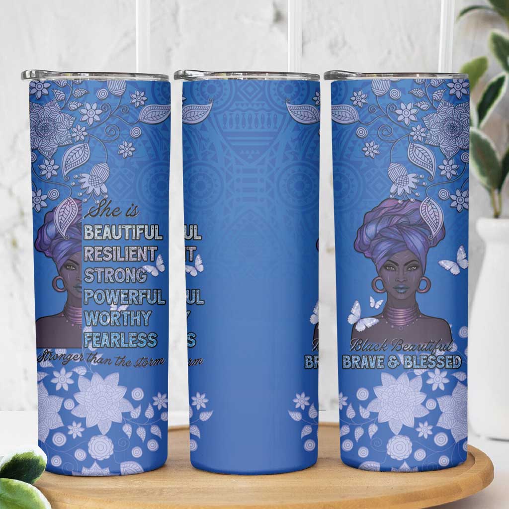 African Women Skinny Tumbler Black Beautiful Brave and Bressed - Blue Color - Wonder Print Shop