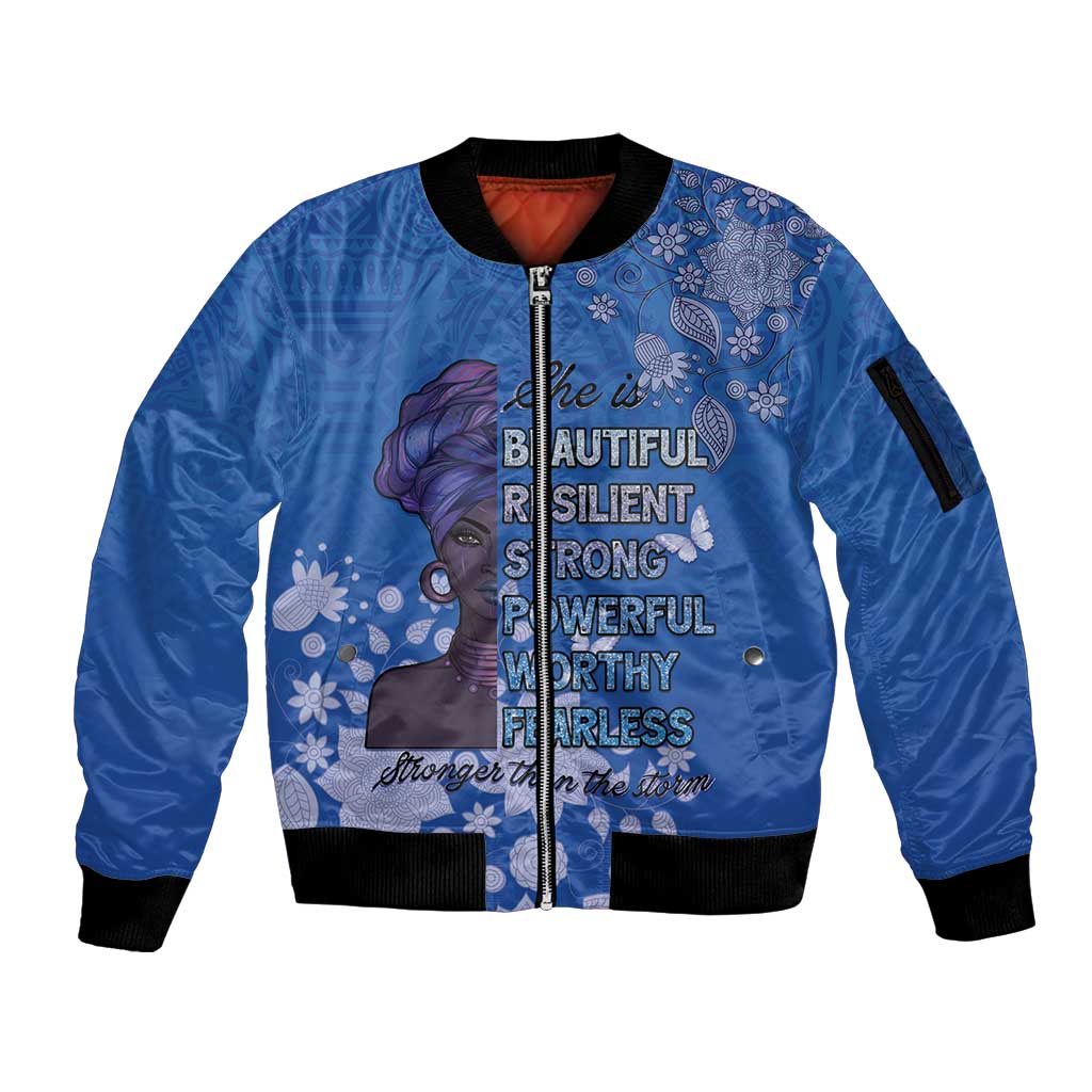 African Women Sleeve Zip Bomber Jacket Black Beautiful Brave and Bressed - Blue Color - Wonder Print Shop