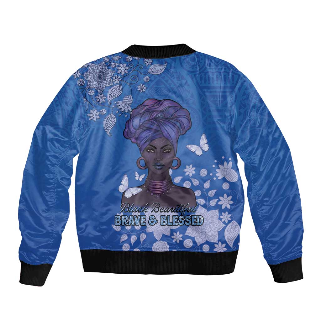 African Women Sleeve Zip Bomber Jacket Black Beautiful Brave and Bressed - Blue Color - Wonder Print Shop