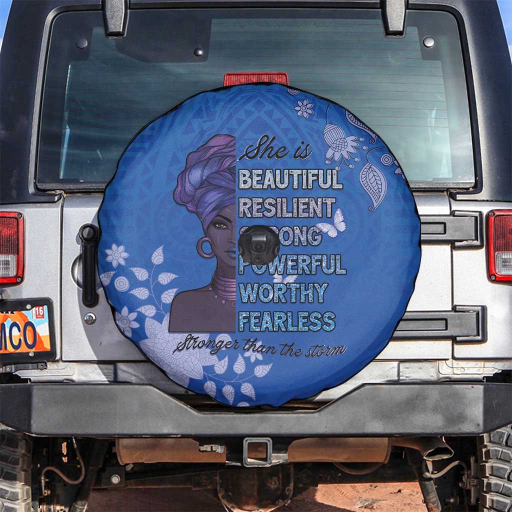 African Women Spare Tire Cover Black Beautiful Brave and Bressed - Blue Color - Wonder Print Shop