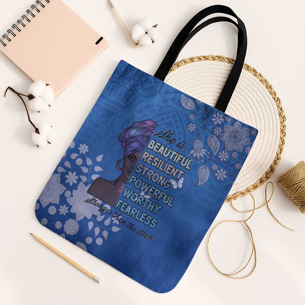 African Women Tote Bag Black Beautiful Brave and Bressed - Blue Color - Wonder Print Shop