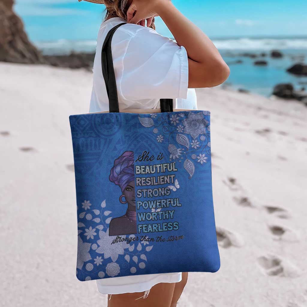 African Women Tote Bag Black Beautiful Brave and Bressed - Blue Color - Wonder Print Shop