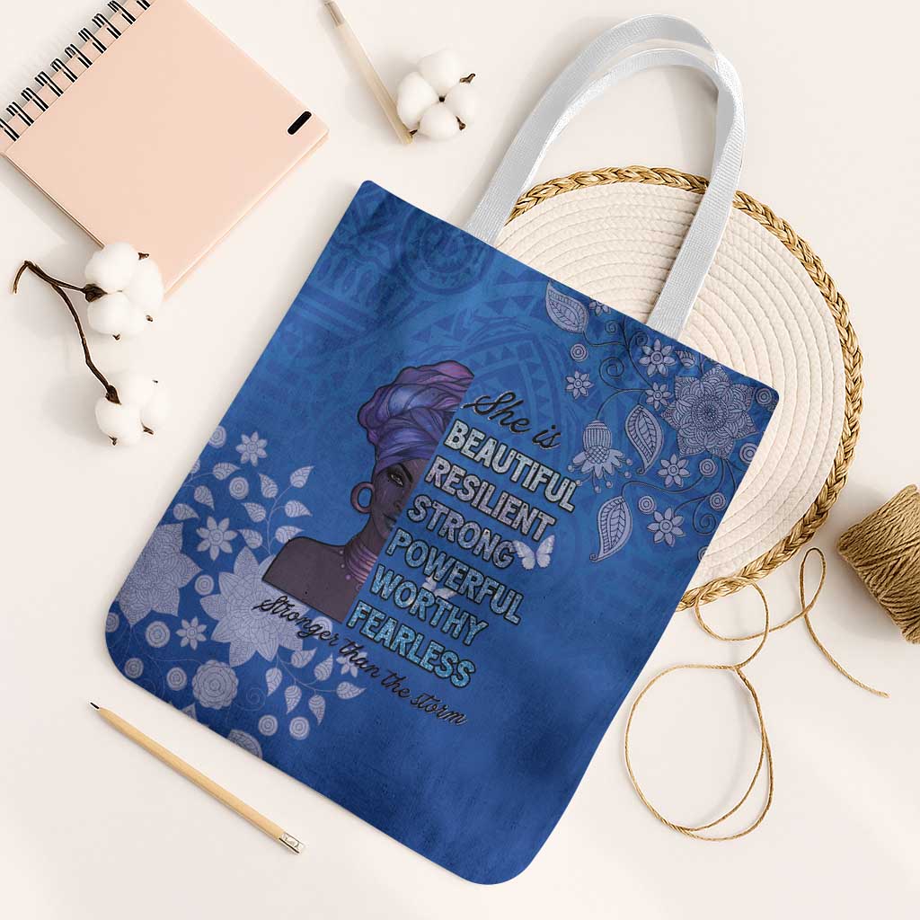 African Women Tote Bag Black Beautiful Brave and Bressed - Blue Color - Wonder Print Shop