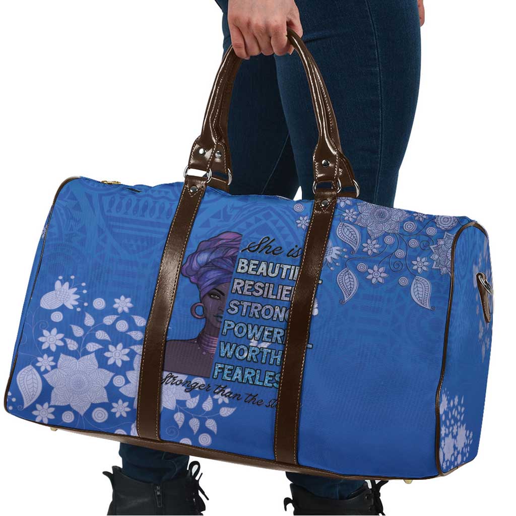 African Women Travel Bag Black Beautiful Brave and Bressed - Blue Color - Wonder Print Shop