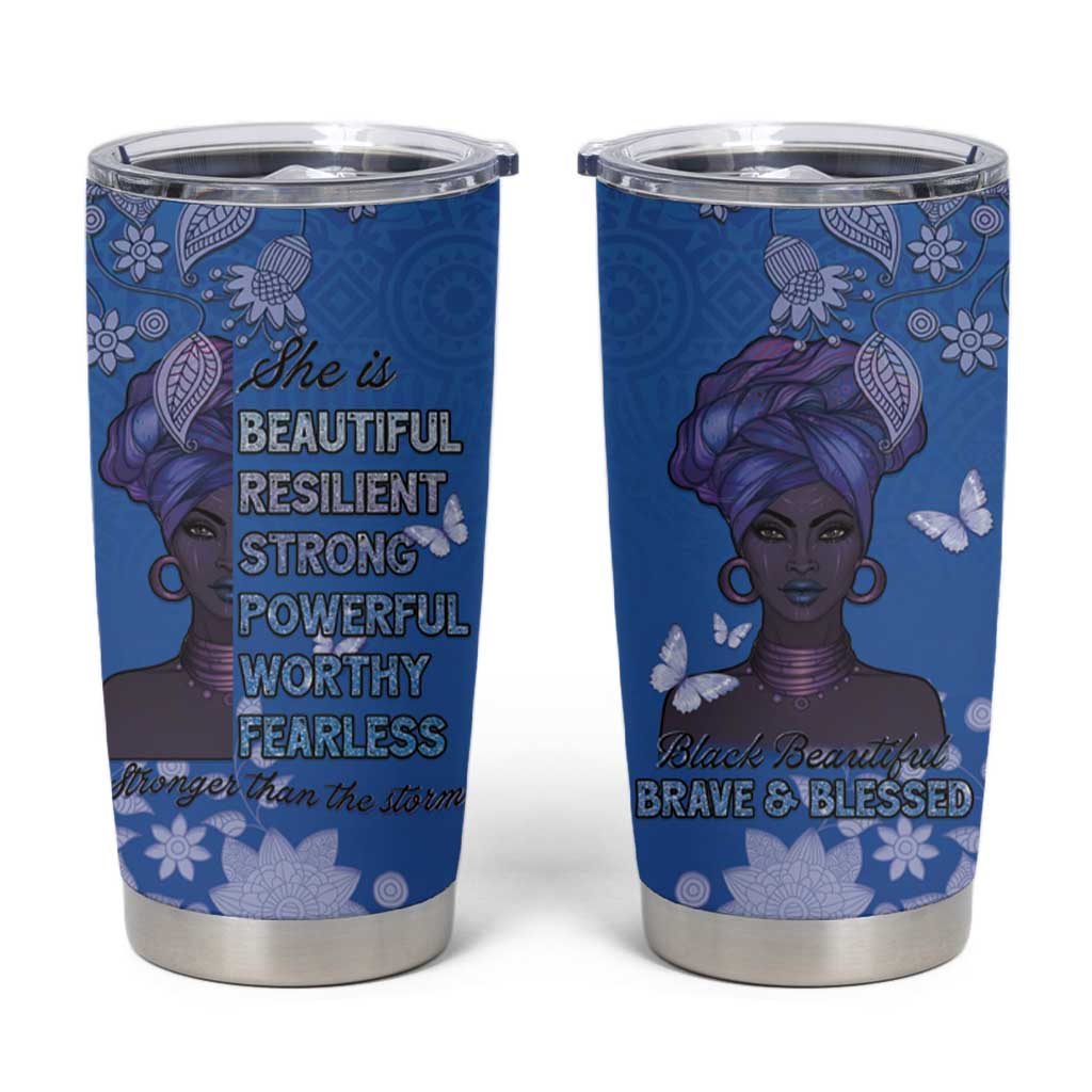 African Women Tumbler Cup Black Beautiful Brave and Bressed - Blue Color - Wonder Print Shop