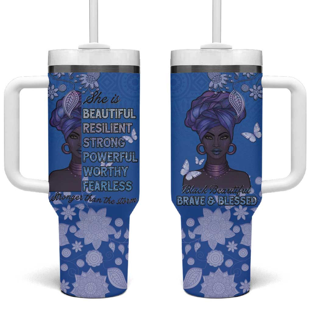 African Women Tumbler With Handle Black Beautiful Brave and Bressed - Blue Color - Wonder Print Shop