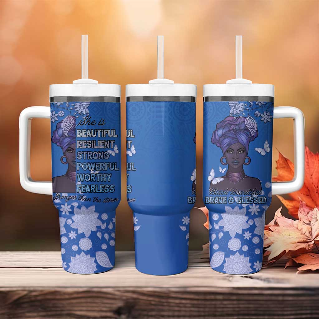 African Women Tumbler With Handle Black Beautiful Brave and Bressed - Blue Color - Wonder Print Shop