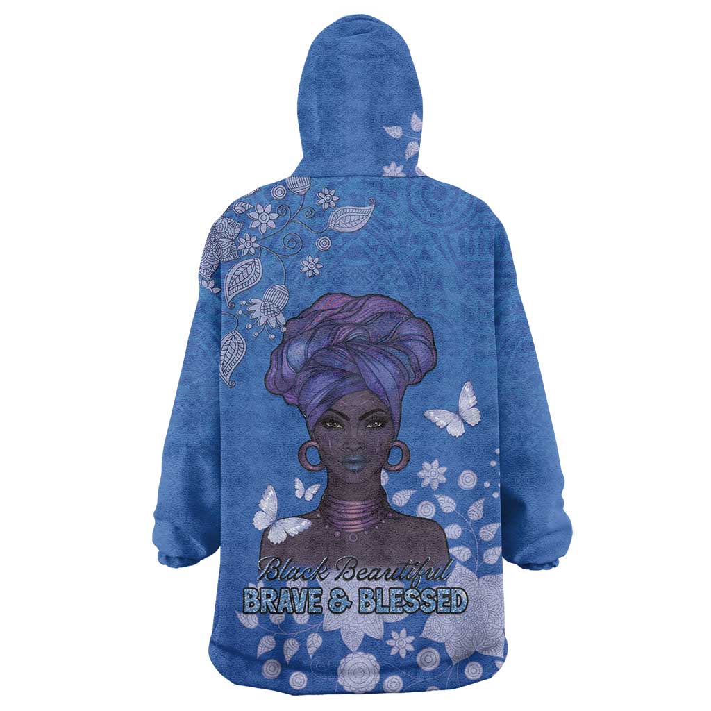 African Women Wearable Blanket Hoodie Black Beautiful Brave and Bressed - Blue Color - Wonder Print Shop