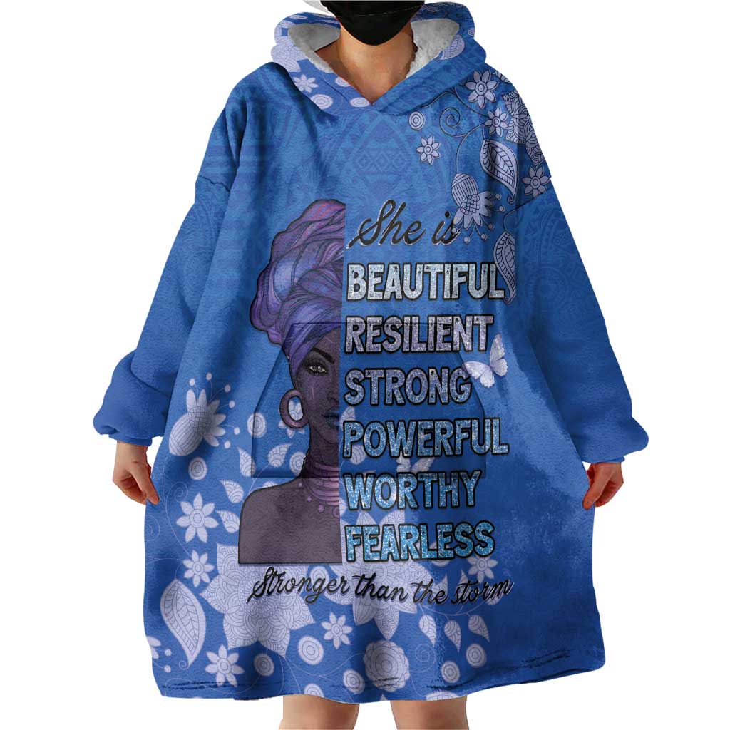 African Women Wearable Blanket Hoodie Black Beautiful Brave and Bressed - Blue Color - Wonder Print Shop