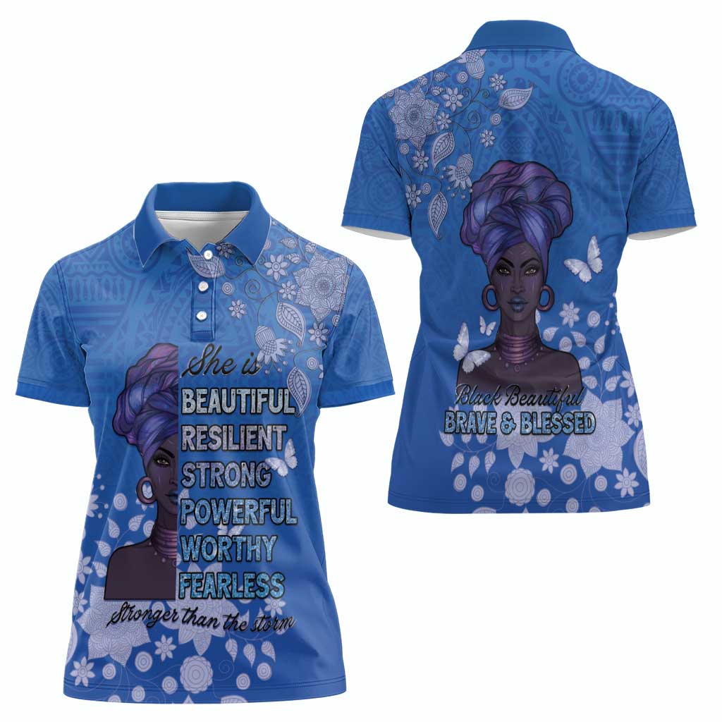 African Women Women Polo Shirt Black Beautiful Brave and Bressed - Blue Color - Wonder Print Shop