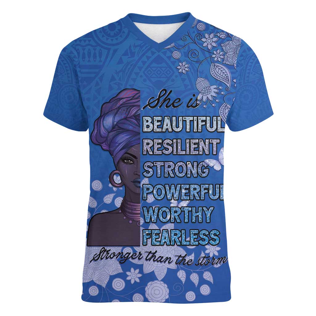 African Women Women V-Neck T-Shirt Black Beautiful Brave and Bressed - Blue Color - Wonder Print Shop