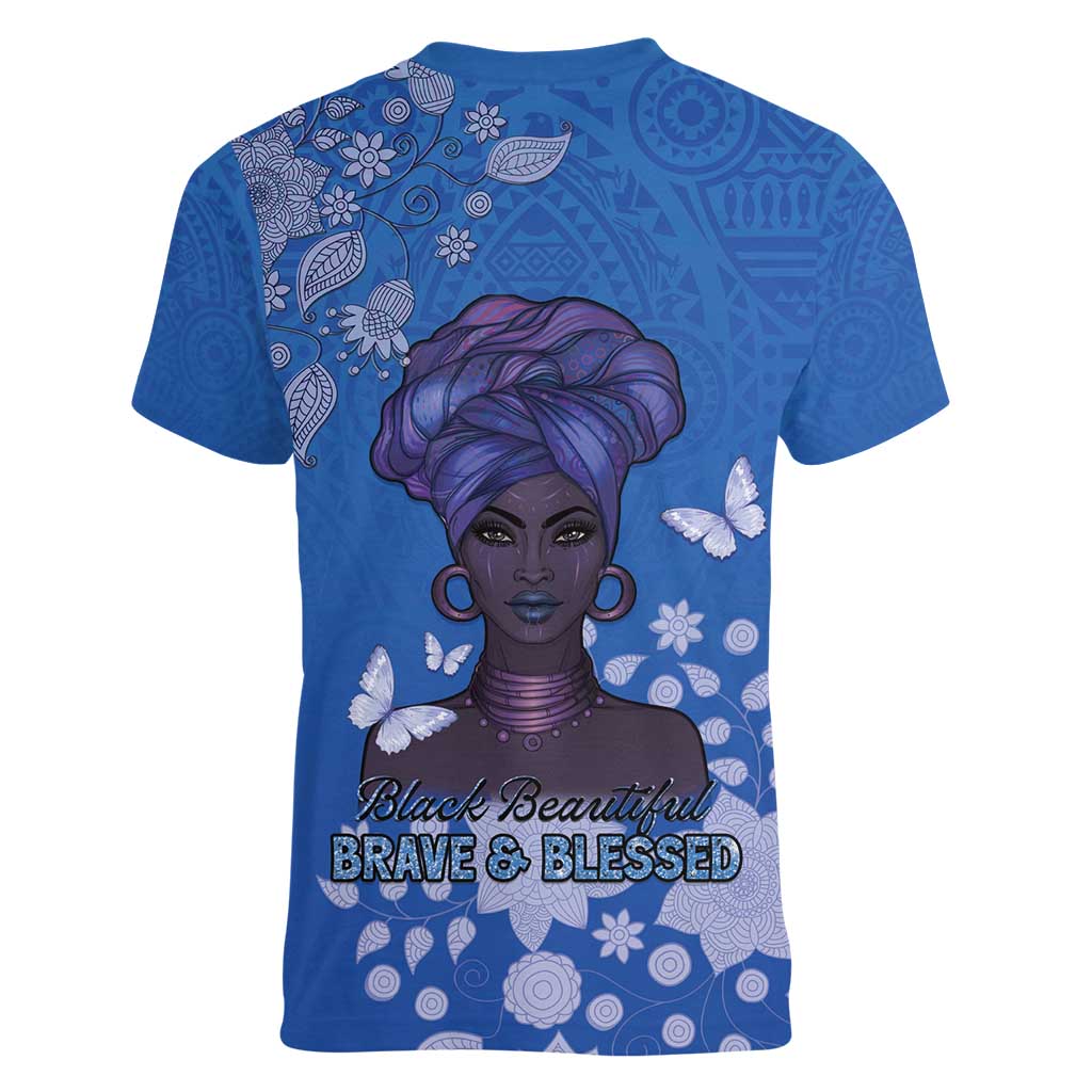 African Women Women V-Neck T-Shirt Black Beautiful Brave and Bressed - Blue Color - Wonder Print Shop