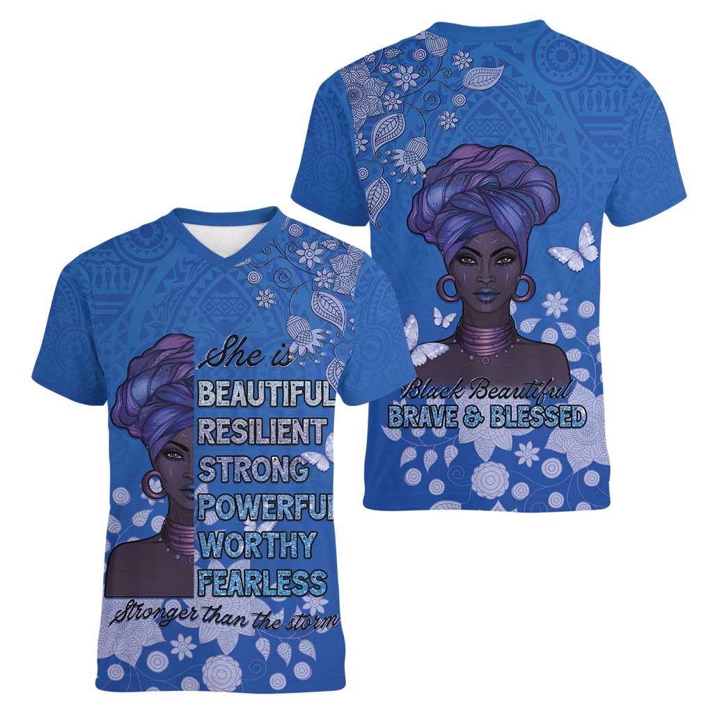 African Women Women V-Neck T-Shirt Black Beautiful Brave and Bressed - Blue Color - Wonder Print Shop