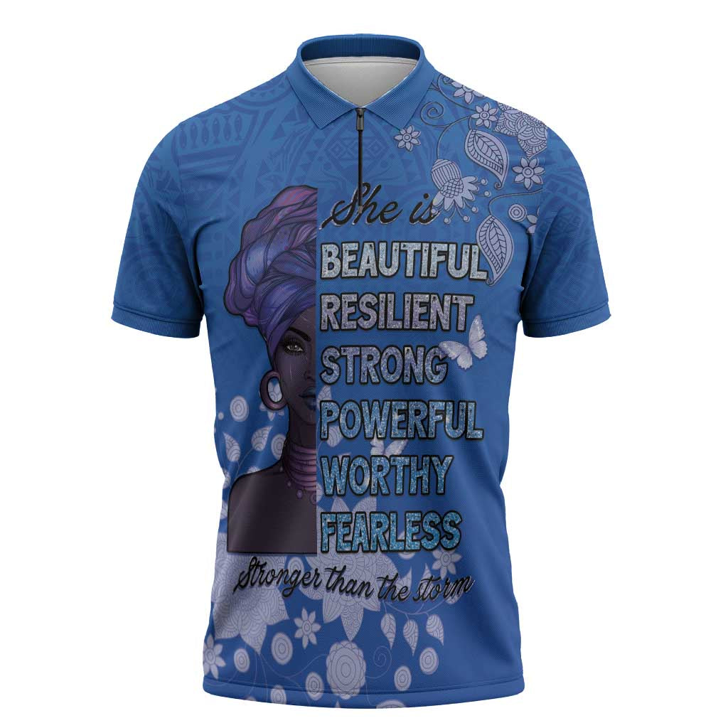 African Women Zipper Polo Shirt Black Beautiful Brave and Bressed - Blue Color - Wonder Print Shop
