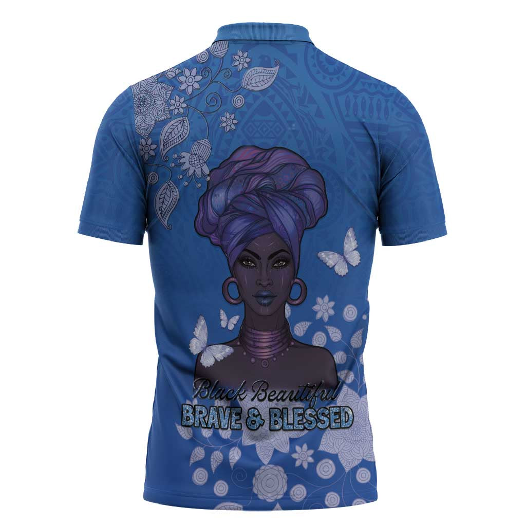 African Women Zipper Polo Shirt Black Beautiful Brave and Bressed - Blue Color - Wonder Print Shop