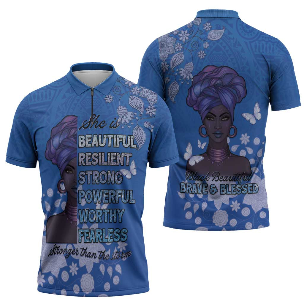 African Women Zipper Polo Shirt Black Beautiful Brave and Bressed - Blue Color - Wonder Print Shop
