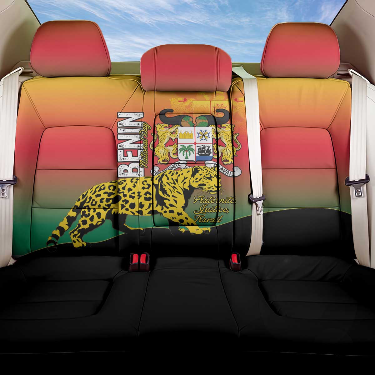 Benin National Day Back Car Seat Cover Leopard With Coat Of Arms - Wonder Print Shop