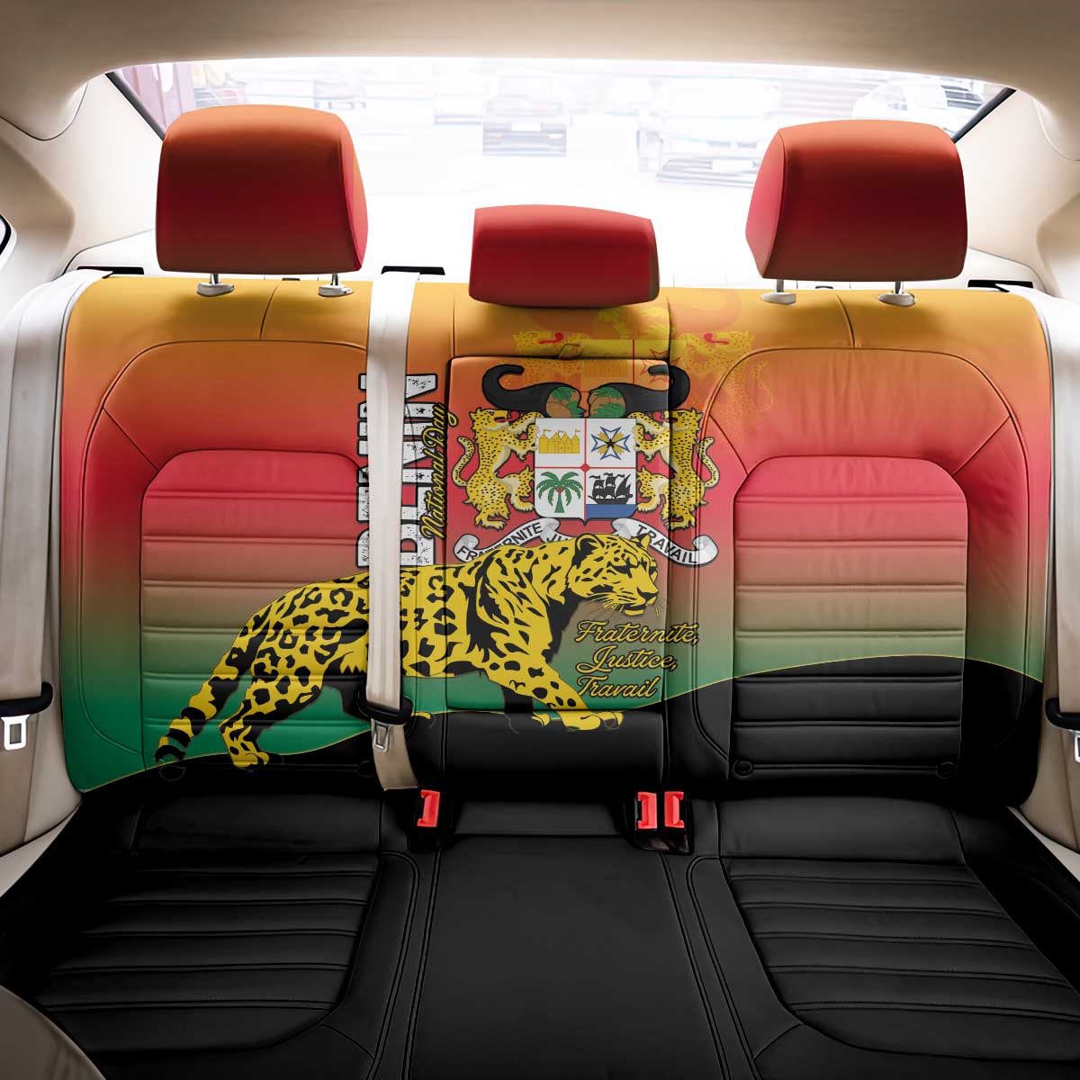 Benin National Day Back Car Seat Cover Leopard With Coat Of Arms - Wonder Print Shop