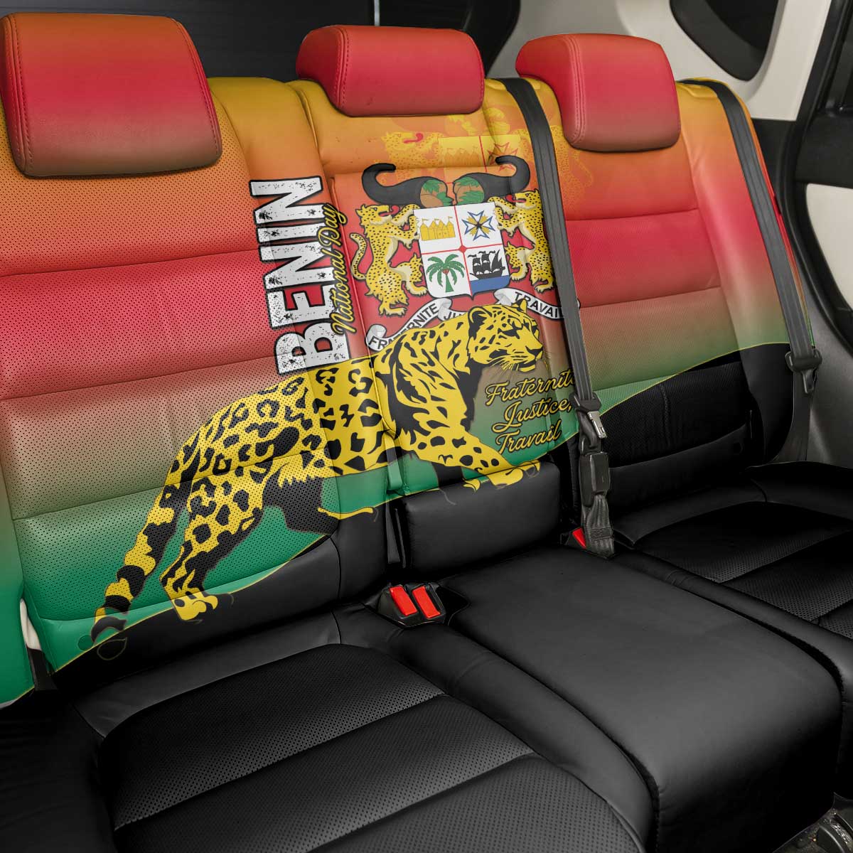 Benin National Day Back Car Seat Cover Leopard With Coat Of Arms - Wonder Print Shop