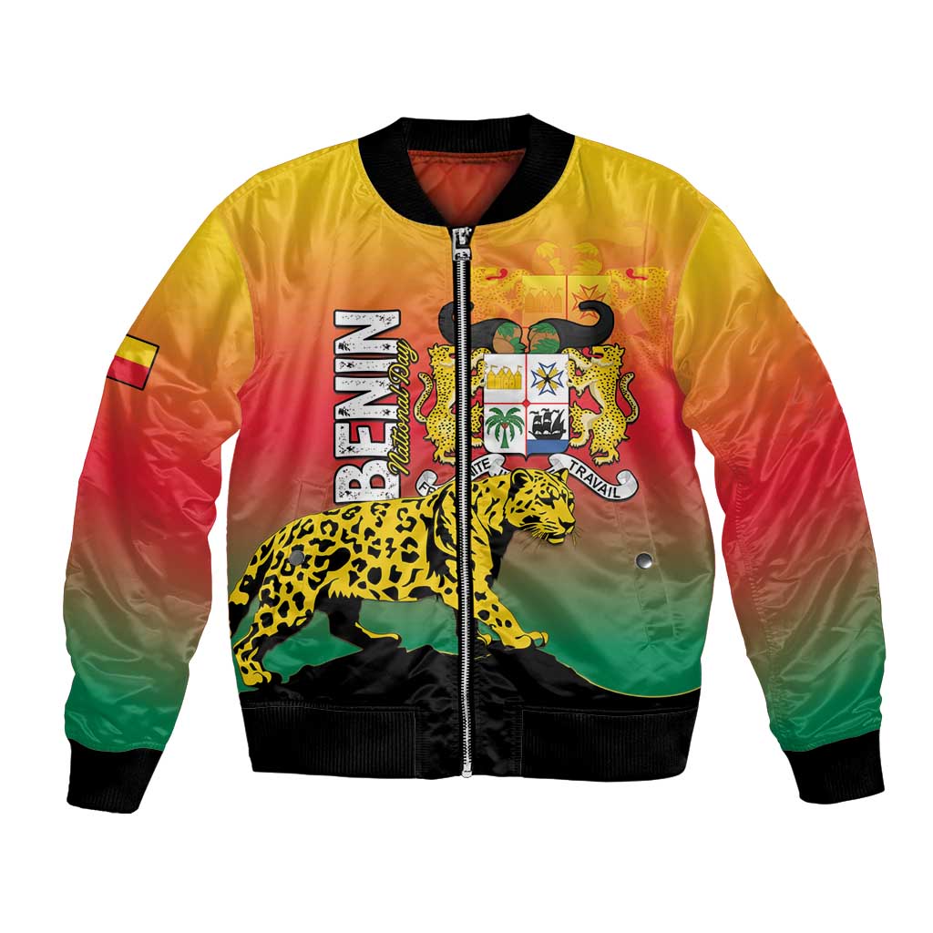 Personalized Benin National Day Bomber Jacket Leopard With Coat Of Arms - Wonder Print Shop