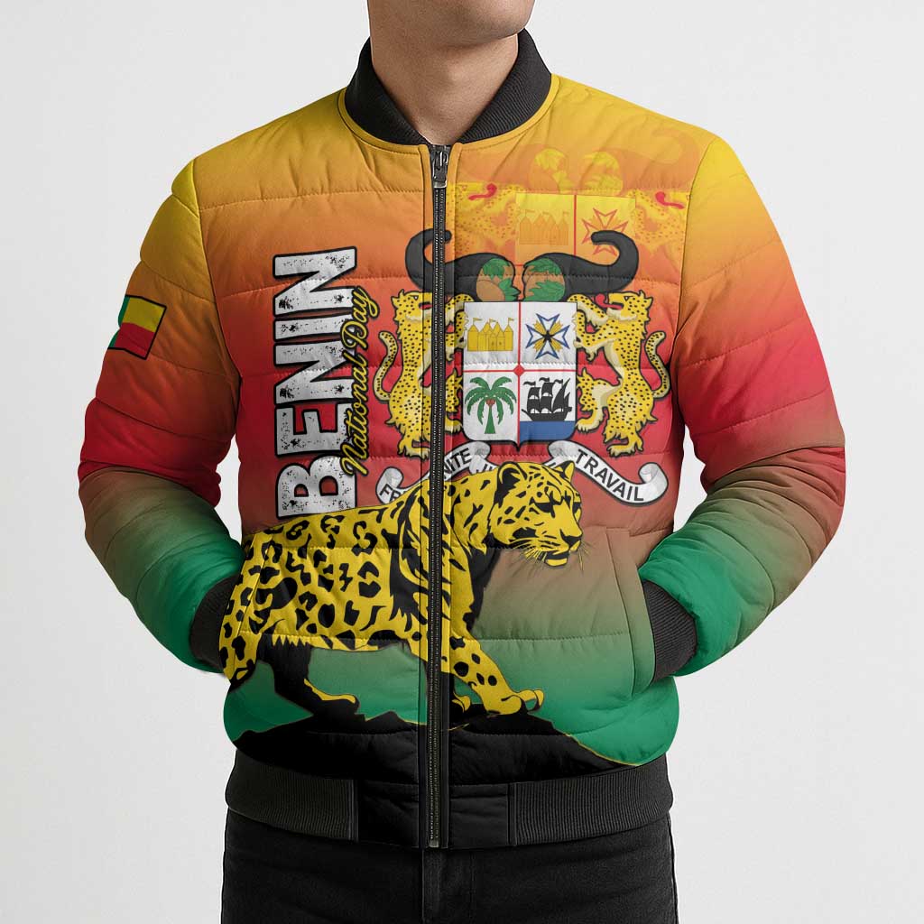 Personalized Benin National Day Bomber Puffer Jacket Leopard With Coat Of Arms - Wonder Print Shop
