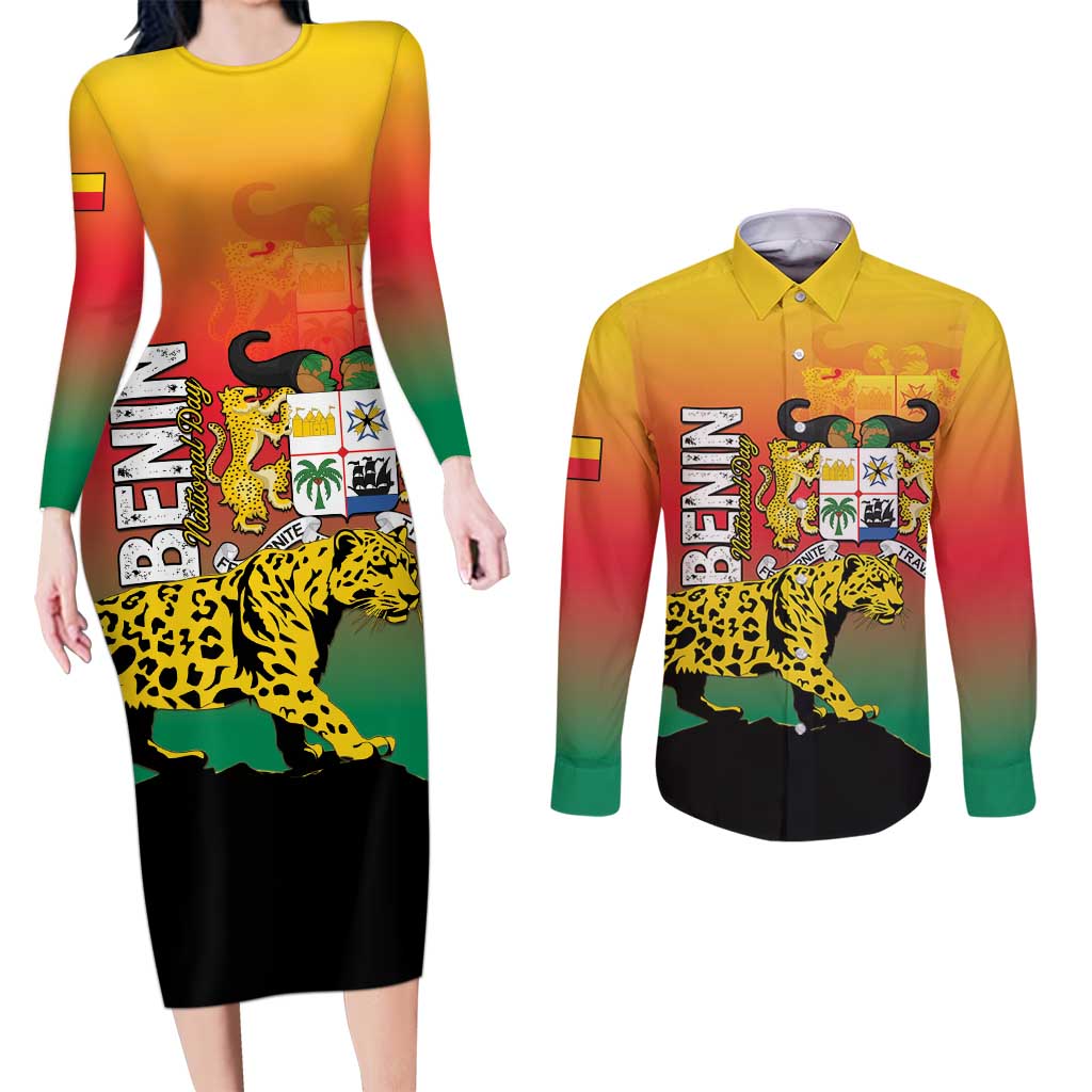 Personalized Benin National Day Couples Matching Long Sleeve Bodycon Dress and Long Sleeve Button Shirt Leopard With Coat Of Arms - Wonder Print Shop