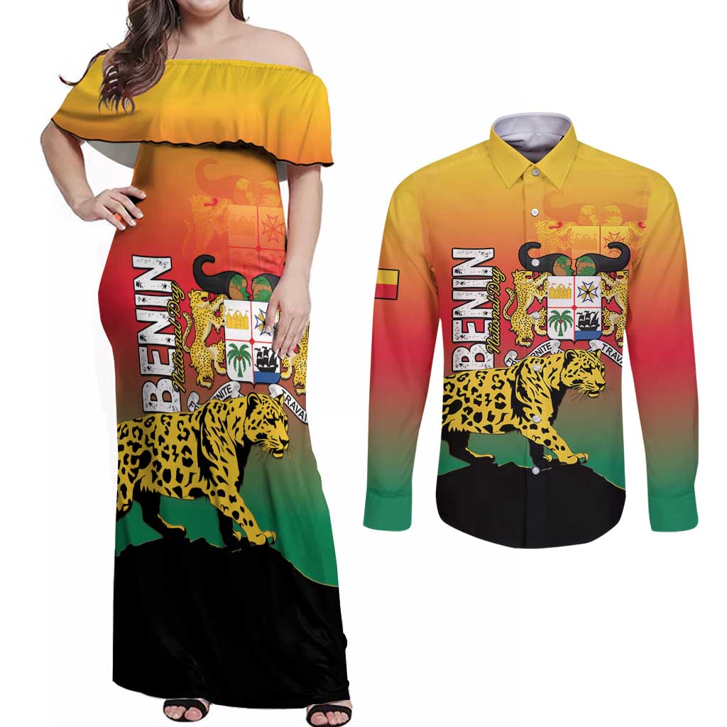 Personalized Benin National Day Couples Matching Off Shoulder Maxi Dress and Long Sleeve Button Shirt Leopard With Coat Of Arms - Wonder Print Shop
