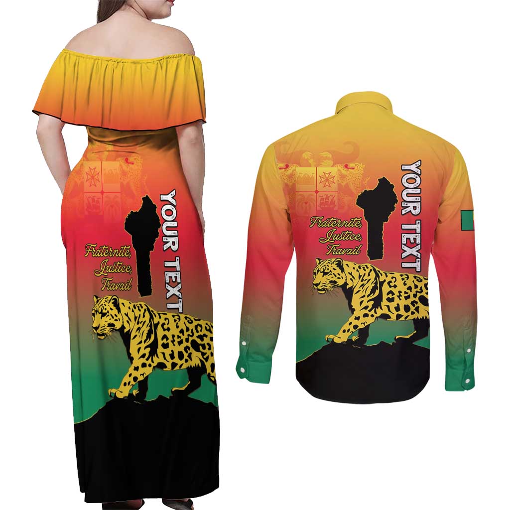 Personalized Benin National Day Couples Matching Off Shoulder Maxi Dress and Long Sleeve Button Shirt Leopard With Coat Of Arms - Wonder Print Shop