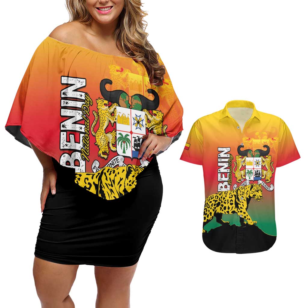 Personalized Benin National Day Couples Matching Off Shoulder Short Dress and Hawaiian Shirt Leopard With Coat Of Arms - Wonder Print Shop